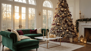 Magical Christmas Decor 2025: Nostalgic Charm Meets Modern Maximalism A luxurious Christmas living room at golden hour, featuring a large flocked tree adorned with mercury glass ornaments, an emerald velvet sofa with cream throws, a marble mantlepiece with brass candlesticks, and warm light from scattered lanterns.