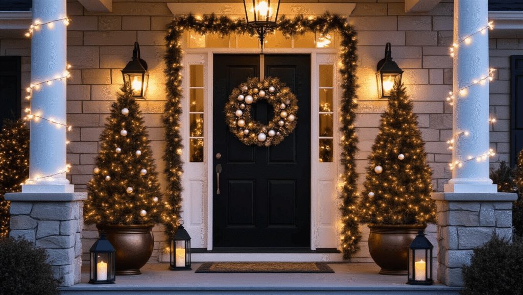 Magical Christmas Porch Decor: Transform Your Entryway into a Festive Welcome A beautifully decorated Christmas porch at twilight featuring a black door with a mixed pine wreath, flanked by illuminated artificial trees in copper planters, surrounded by string lights, lanterns, and layered rugs, all captured in hyperrealistic detail.