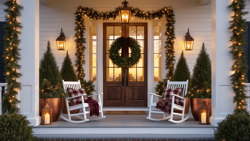 Magical Front Porch Christmas Decor: Transform Your Entryway into a Festive Wonderland A beautifully decorated Southern-style front porch at sunset, featuring double French doors with an evergreen wreath, Norfolk pines in copper planters, and a natural pine garland, all illuminated by vintage lanterns and warm string lights, set in a magical holiday atmosphere.