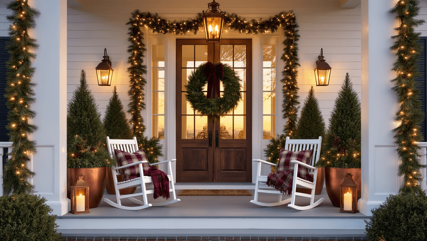 A beautifully decorated Southern-style front porch at sunset, featuring double French doors with an evergreen wreath, Norfolk pines in copper planters, and a natural pine garland, all illuminated by vintage lanterns and warm string lights, set in a magical holiday atmosphere.