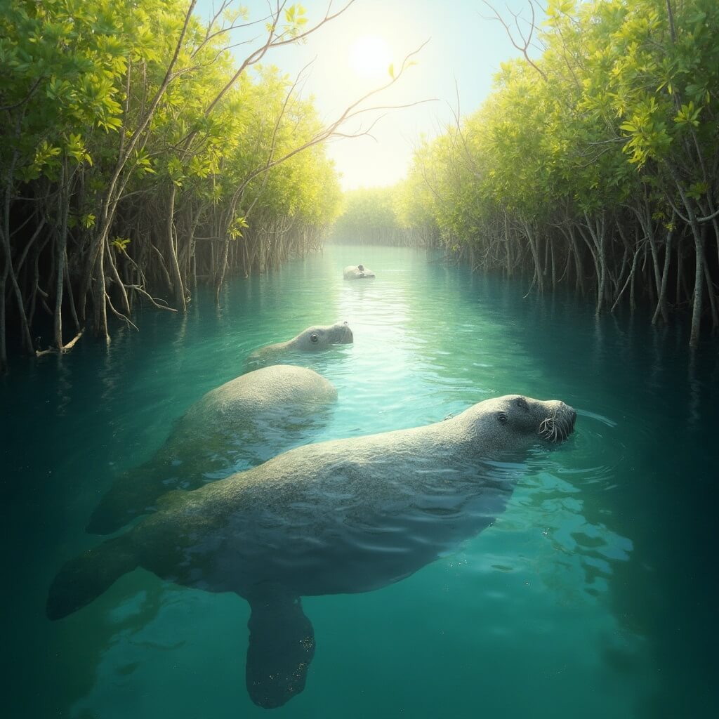 Manatees swimming in crystal clear waters at sunrise with lush mangroves in the background
