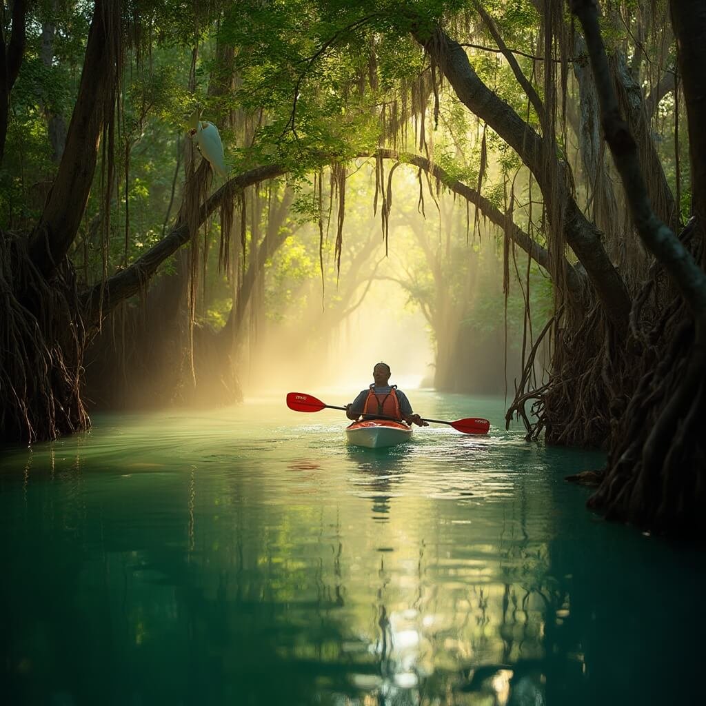 Early morning kayaking scene in Fort Lauderdale's mangrove tunnels with a solo kayaker, a perched ibis, darting fish and sunlight filtering through green foliage.