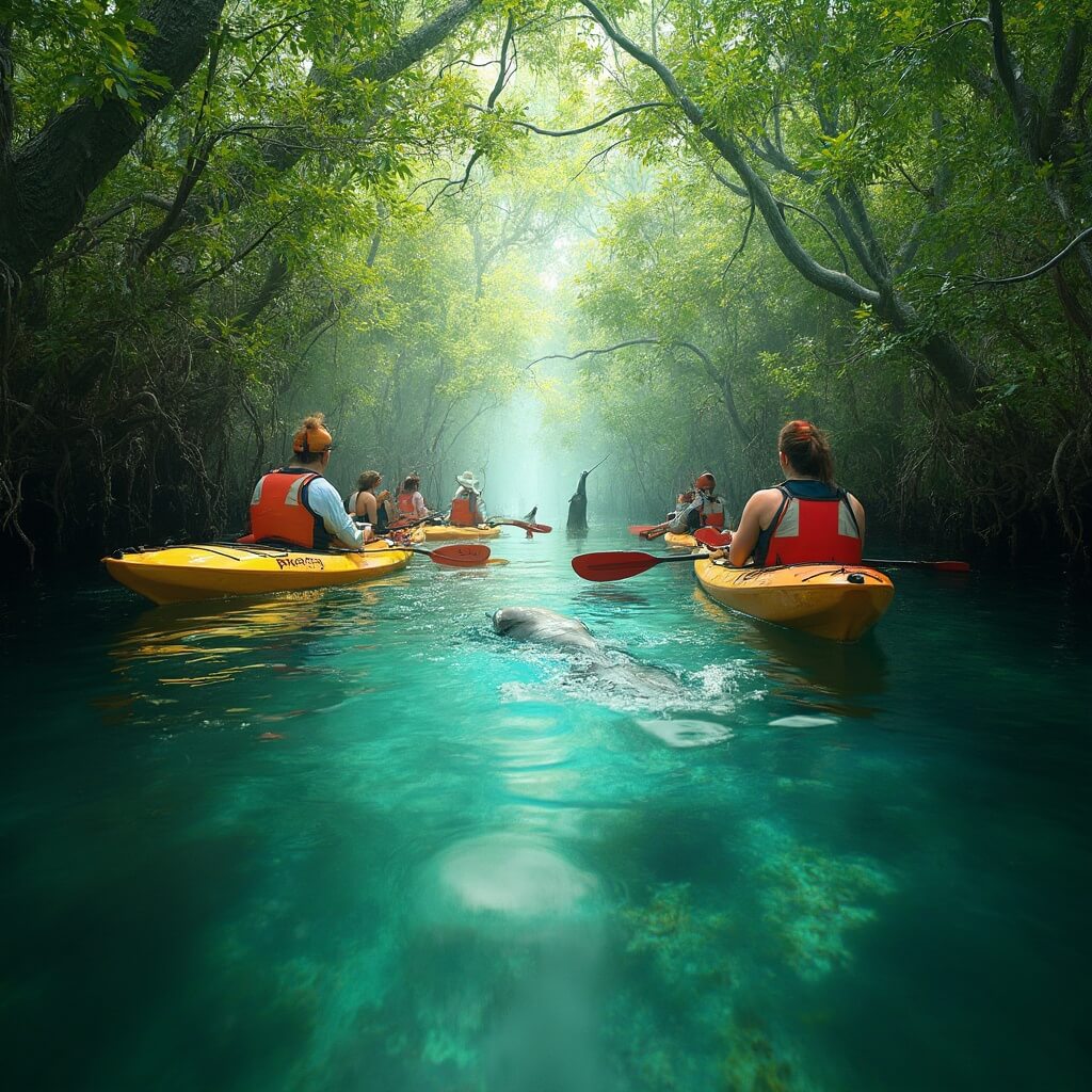 Uncover the Hidden Gem of Florida: Why Fort Myers Beach in April Will Blow Your Mind Group of kayakers navigating through mangrove waterways near Fort Myers Beach, interspersed with marine life and a dolphin, under a sunlight-dappled canopy with a white egret in the background