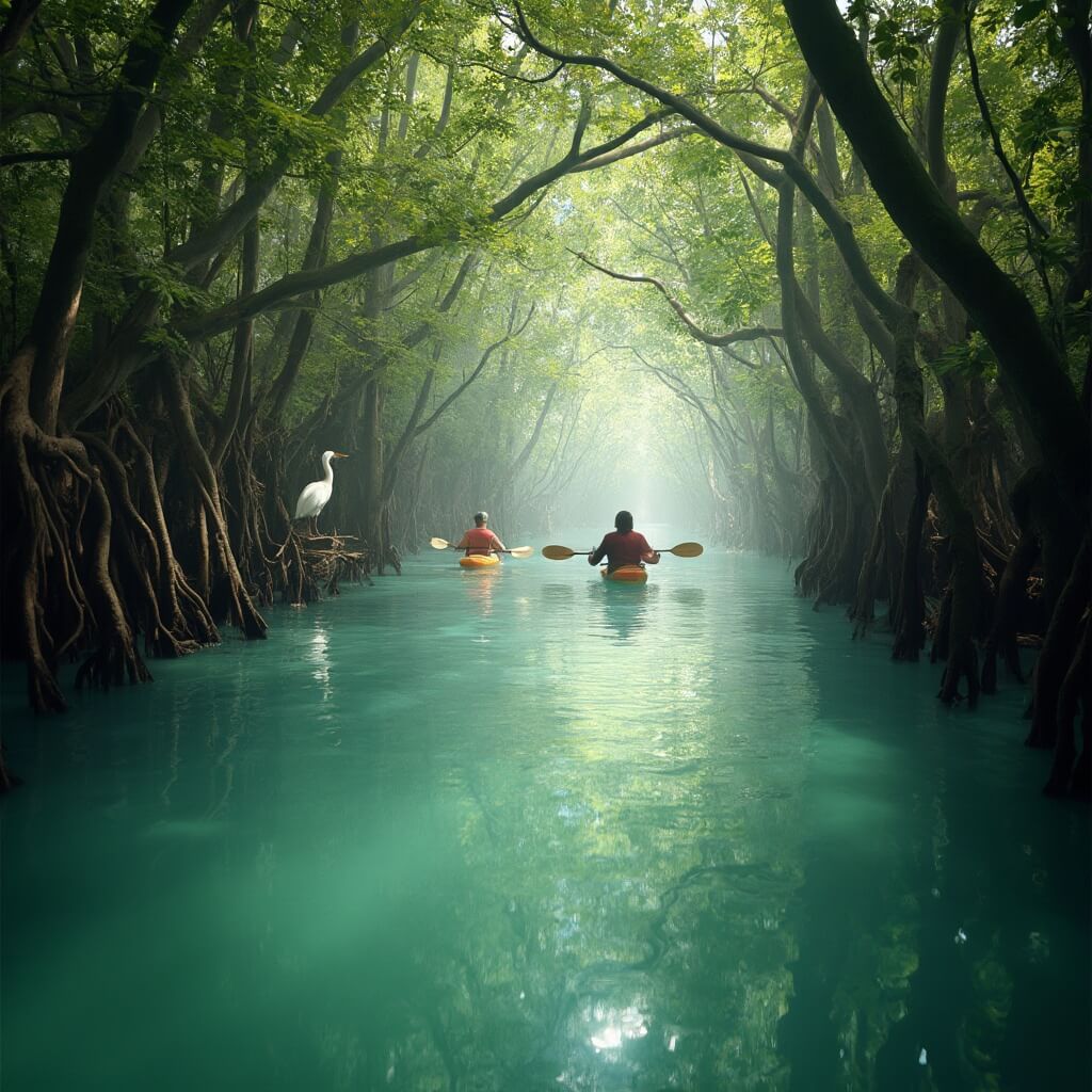 Sun, Sand, and Surprises: Why Cape Coral in April is Your Ultimate Escape Two kayakers paddling in a peaceful mangrove tunnel in Cape Coral's ecological preserve, with sunlight creating shadow patterns on clear water, and a white ibis perched nearby