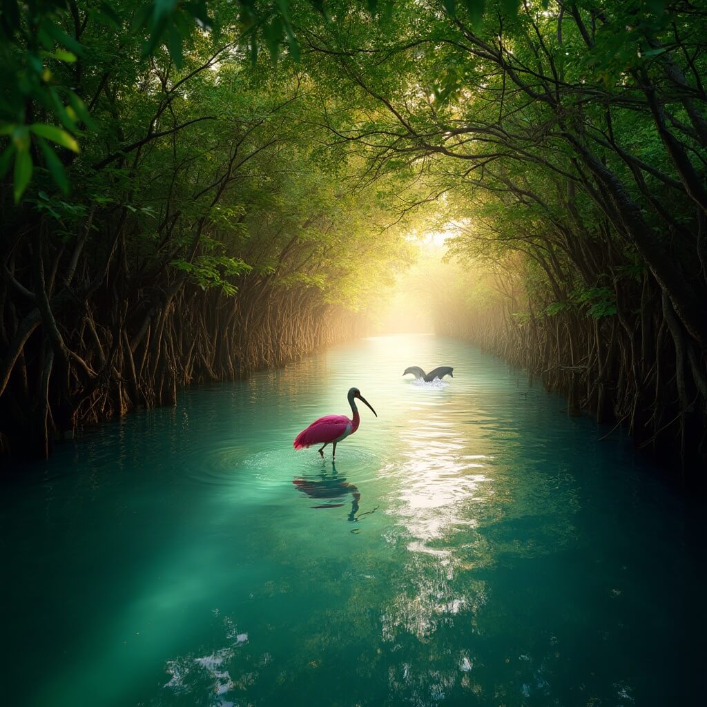 Cape Coral: Your Ultimate October Escape in Southwest Florida Mangrove tunnel bathed in golden hour light with a roseate spoonbill in shallow water and two bottlenose dolphins in the distance