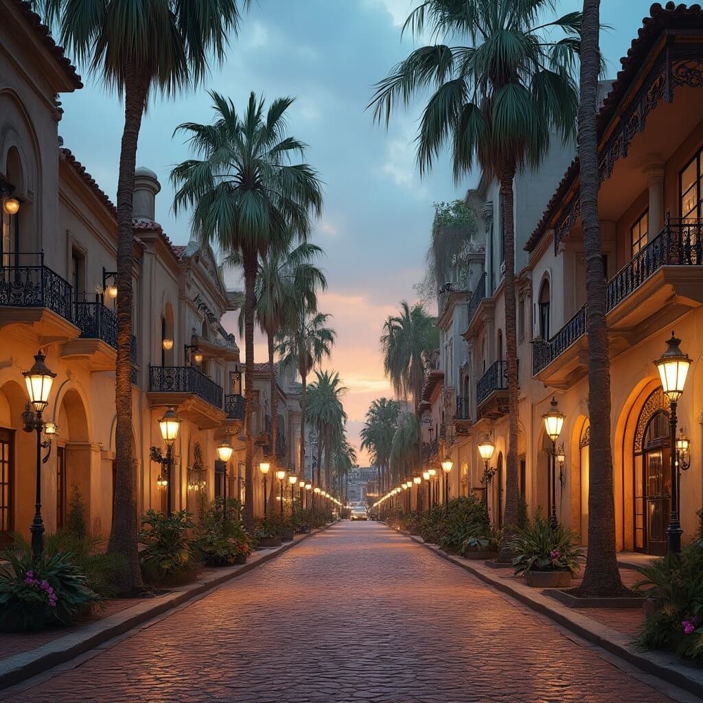 Why Lakeland, Florida in May Will Blow Your Mind: A Local's Ultimate Guide Dusk view of a downtown street showcasing 1920s Mediterranean Revival architecture, with wrought iron balconies, terracotta roofs, palm trees, and Art Deco details illuminated by vintage-style street lamps