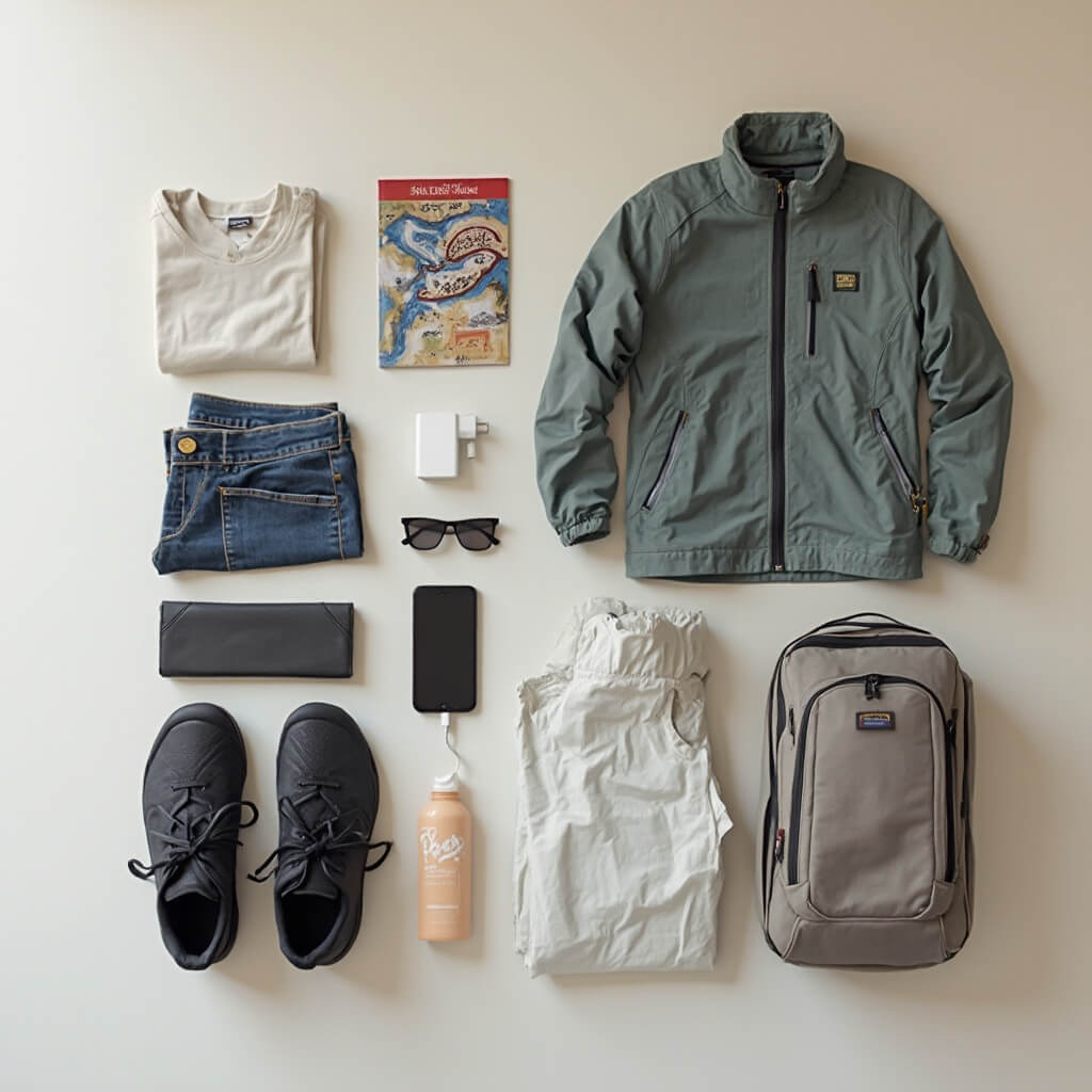 The Ultimate October Escape: Why Panama City Beach Should Be Your Next Destination Minimalist travel essentials neatly arranged on a neutral background, including light clothing, walking shoes, water bottle, portable charger, travel guide, smartphone, sunscreen, and light jacket, symbolizing budget-friendly and organized travel preparation.
