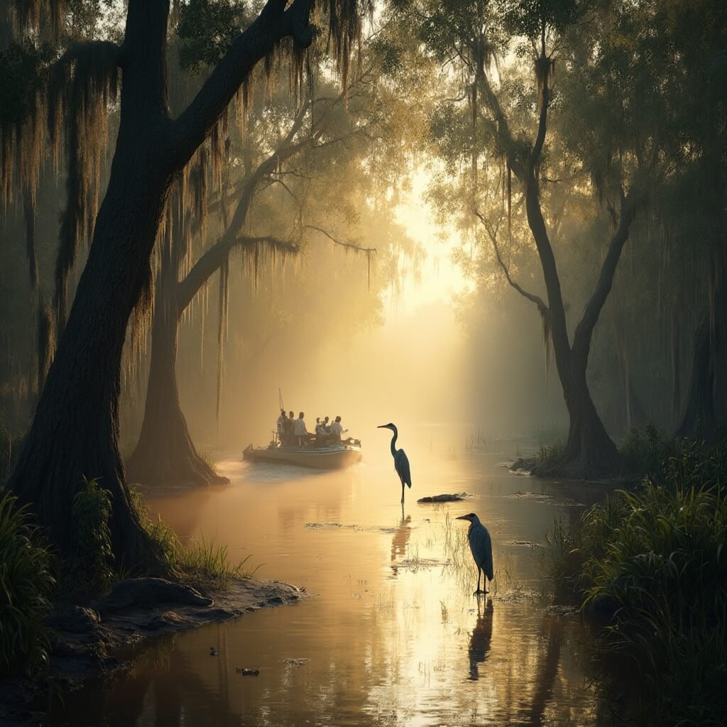 Airboat gliding through misty Everglades in the morning sunlight, with cypress trees, draped with Spanish moss and alligator basking on a distant mudbank, under cinematic lighting
