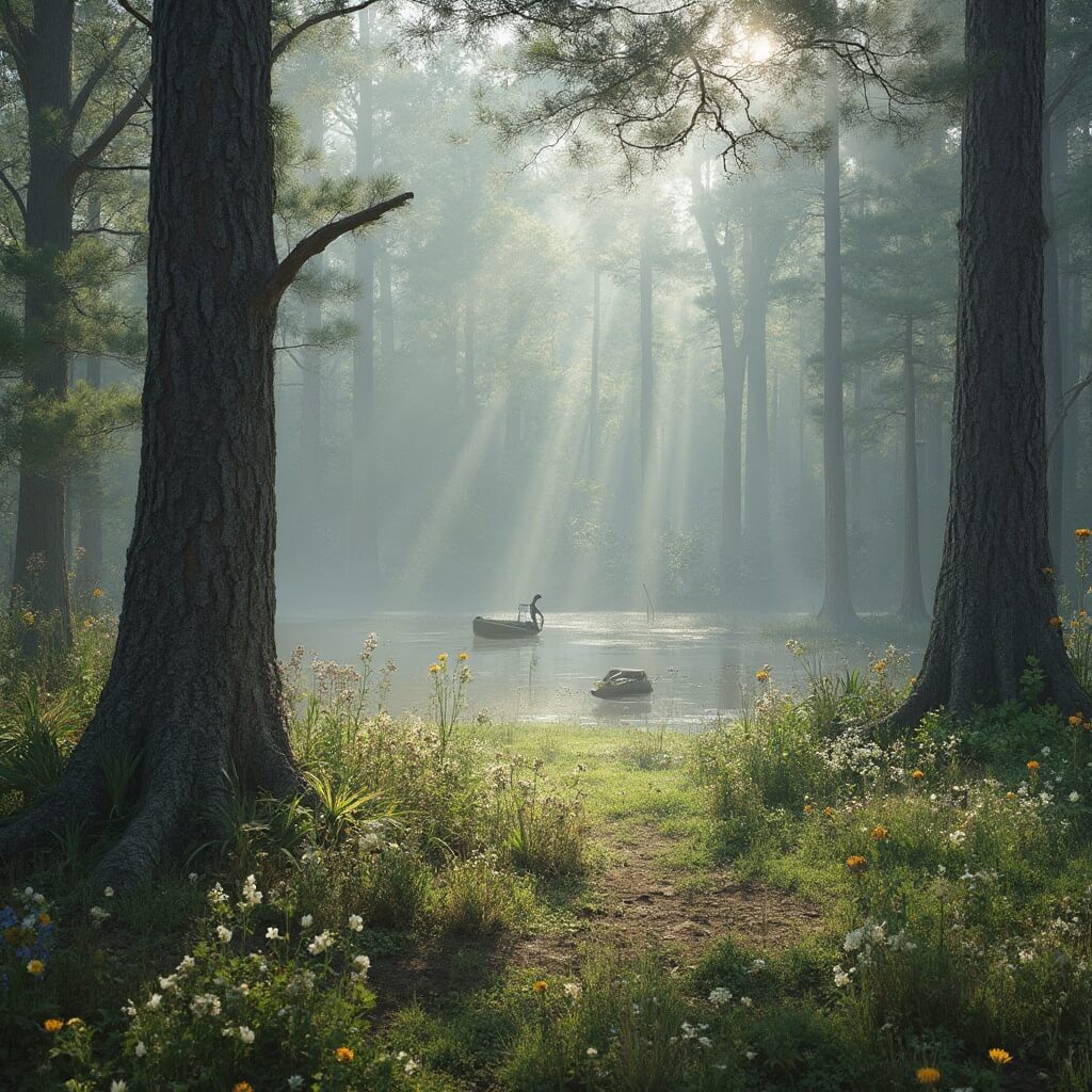 Port St. Lucie in March: Your Ultimate Sunshine Escape (Without the Crazy Spring Break Crowds!) Misty morning at Savannas Preserve State Park with a great blue heron in marsh, blooming wildflowers, saw palmettos and shadows through pine canopy with air plants and wild orchids on trees.