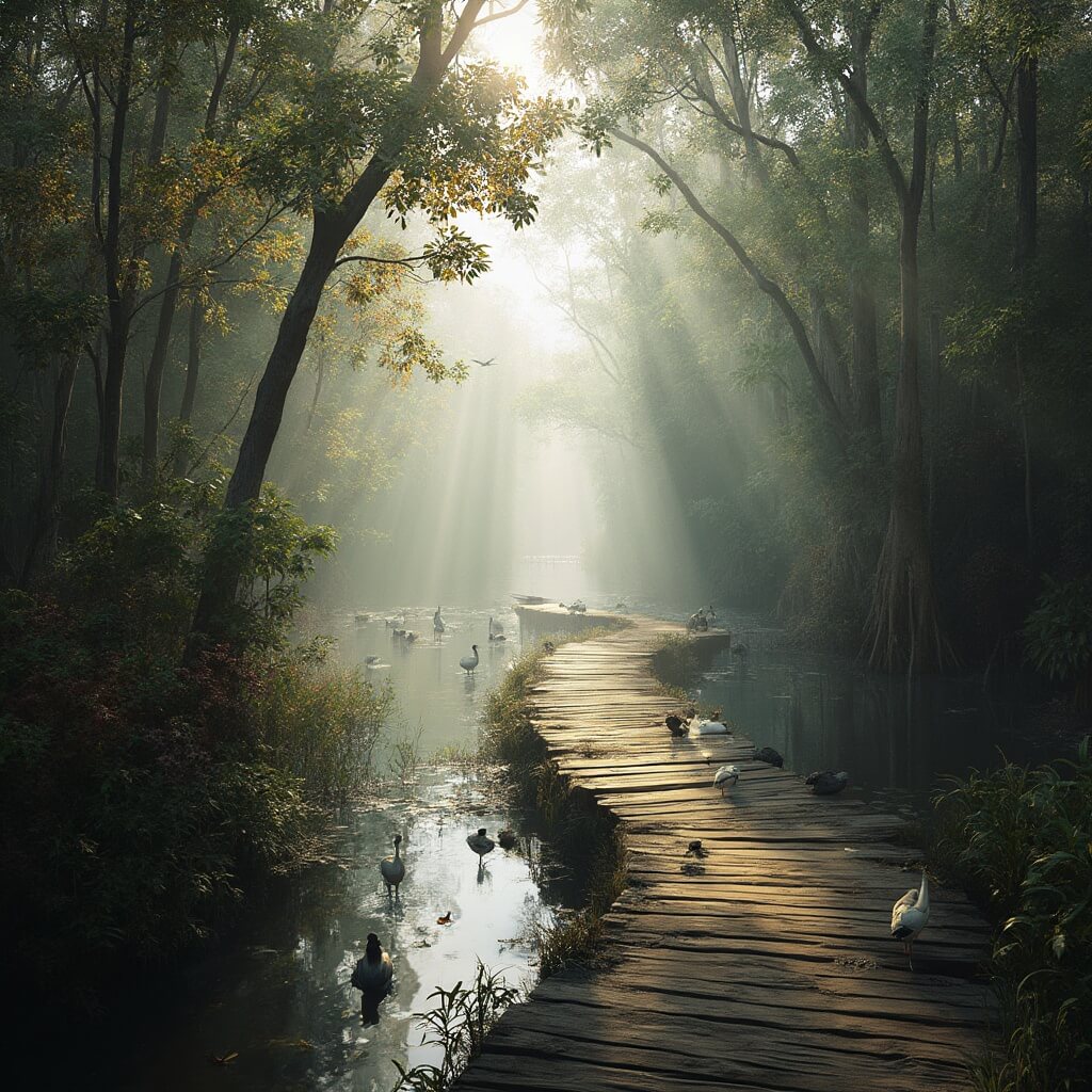 Why Cape Coral in November Will Blow Your Mind: The Ultimate Traveler's Guide Morning mist over Four Mile Cove Ecological Preserve with wooden boardwalk winding through mangrove forests, sun filtering through canopy, wading birds in shallow water, and fall colors mixed with evergreen vegetation.