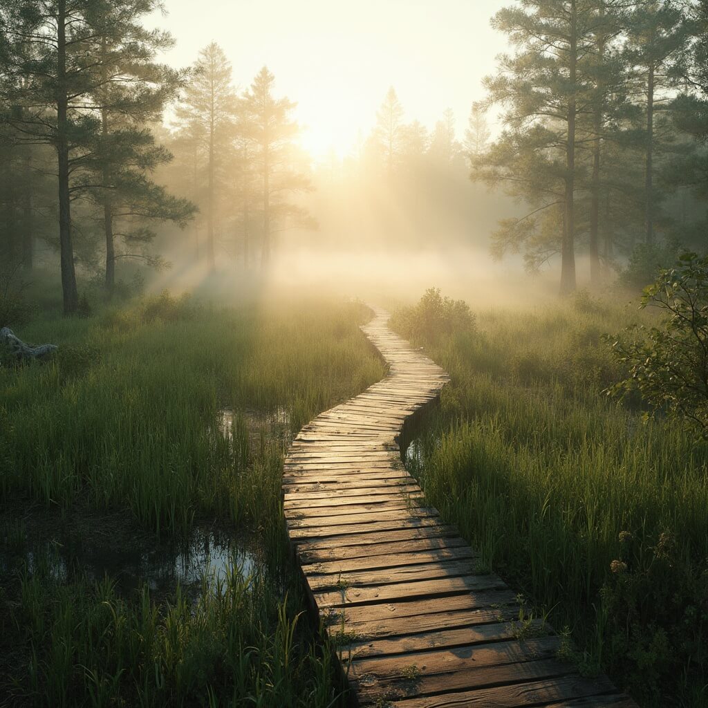 Panoramic view of Conservation Park with a wooden boardwalk winding through lush wetlands, dense pine forests in background, morning mist and golden sunlight filtering through trees