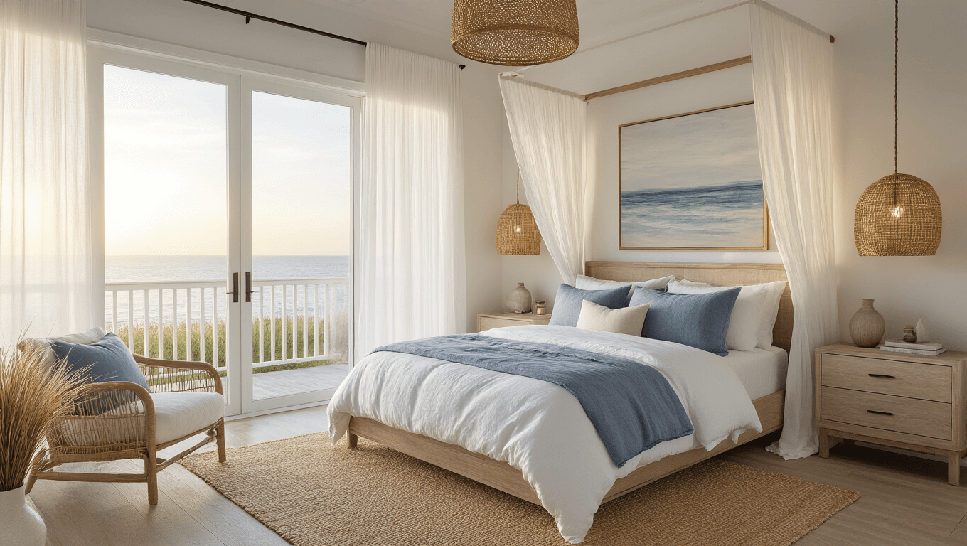 Photorealistic master bedroom featuring golden hour lighting through sheer curtains, a king-sized canopy bed with textured bedding, woven rattan pendant lights, and coastal decor elements, set on whitewashed oak floors with a jute rug.