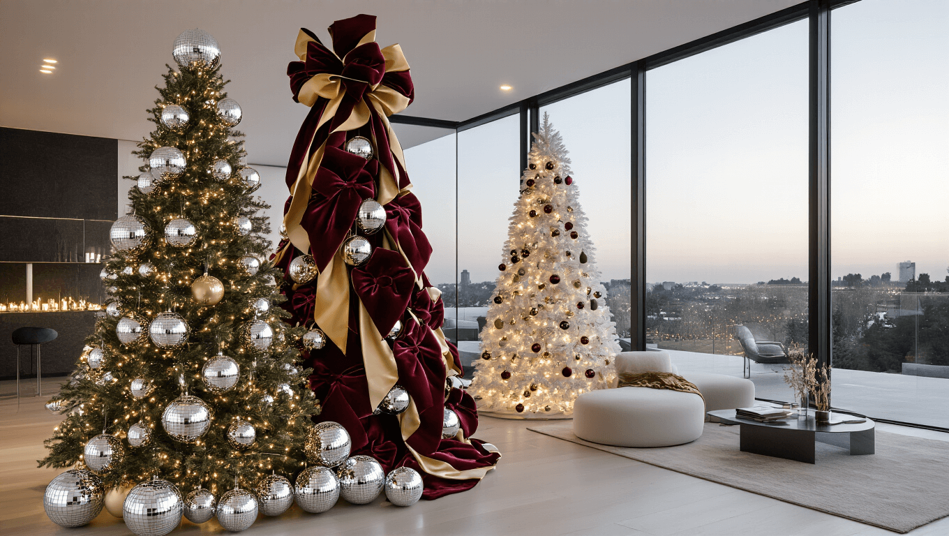 A photorealistic interior scene featuring multiple Christmas trees: a 9-foot noble fir with mirror disco balls, a majestic tree with oversized burgundy and gold bows, and a minimalist white-flocked tree. The contemporary living space boasts floor-to-ceiling windows, twilight light, modern furnishings, and polished concrete floors reflecting the festive decor.