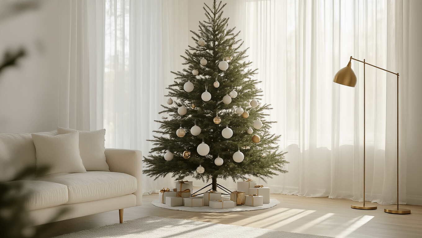 A bright Scandinavian-style living room corner features a 7-foot Christmas tree adorned with matte white, natural wood, and brass geometric ornaments, with sunlight filtering through sheer curtains, complemented by a cream linen sofa and brass floor lamp on white oak flooring.