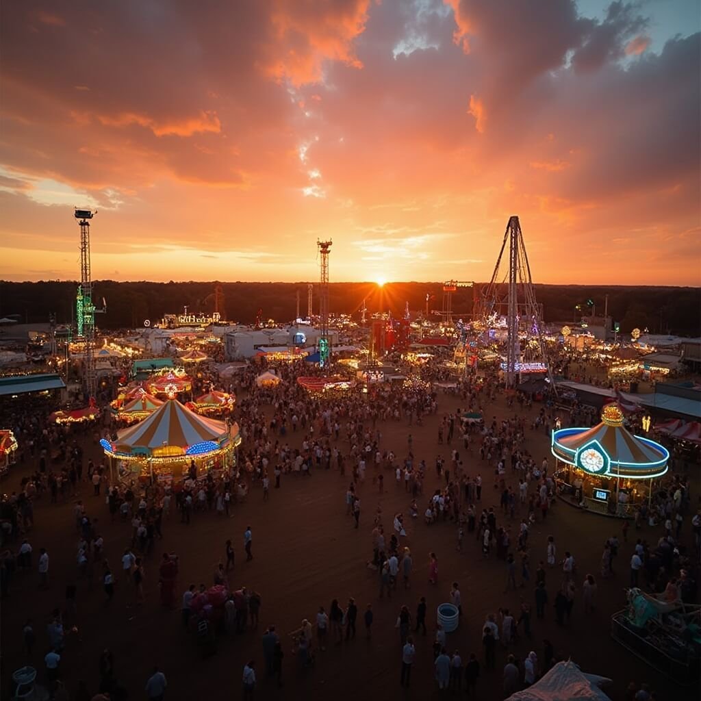 North Florida Fair at sunset with silhouetted carnival rides, festive lights, crowds, agricultural exhibits, and cool November evening atmosphere