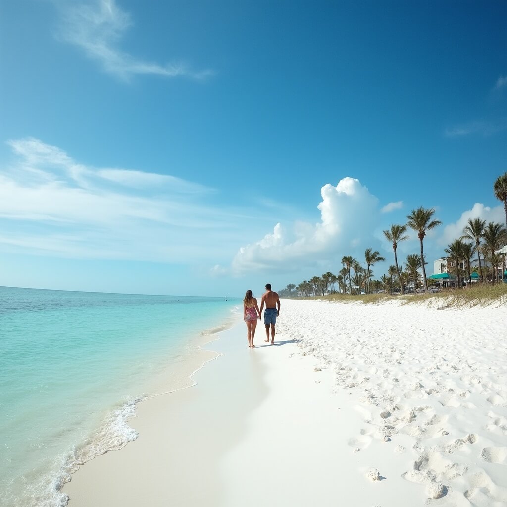 Escape the Summer Crowds: Why Panama City Beach in September is Your Secret Getaway Paradise Pristine white sand beach in Panama City with few beachgoers, calm turquoise Gulf waters, palm trees swaying, and a couple walking hand-in-hand in the foreground.
