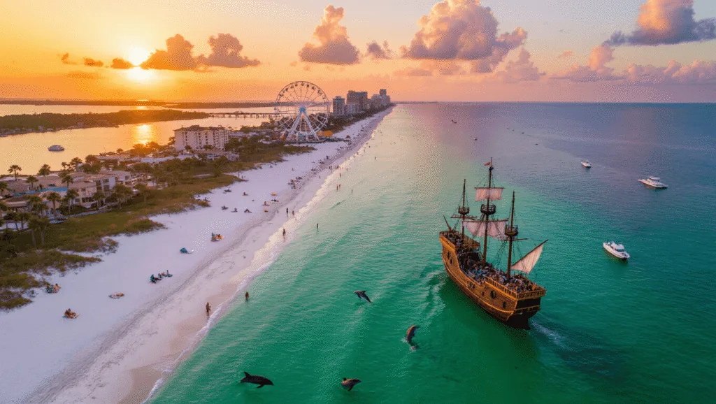 Why Panama City Beach in June Will Blow Your Mind (Literally and Figuratively!) "Aerial view of Panama City Beach at sunset with beachgoers, colorful umbrellas, jet skiers, parasailers, and beachfront resorts, Shell Island in distance."