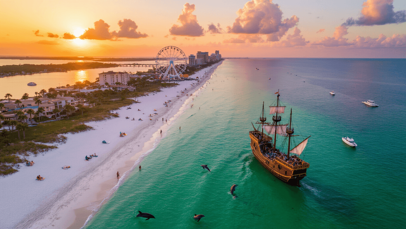"Aerial view of Panama City Beach at sunset with beachgoers, colorful umbrellas, jet skiers, parasailers, and beachfront resorts, Shell Island in distance."