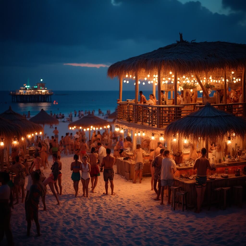 Nighttime beach scene in Panama City with golden streetlights, lively beach bars, silhouettes of live music performers, pier lights at a distance, and soft ocean waves, depicting a blend of relaxed and vibrant atmosphere