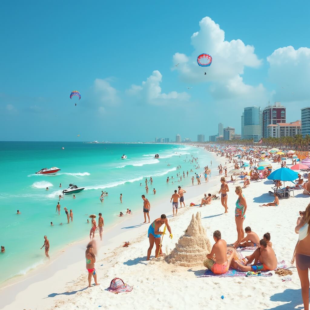 Family building a sandcastle on a busy Panama City Beach with colorful umbrellas, beachgoers, jet skis, and parasails under the bright June sun.