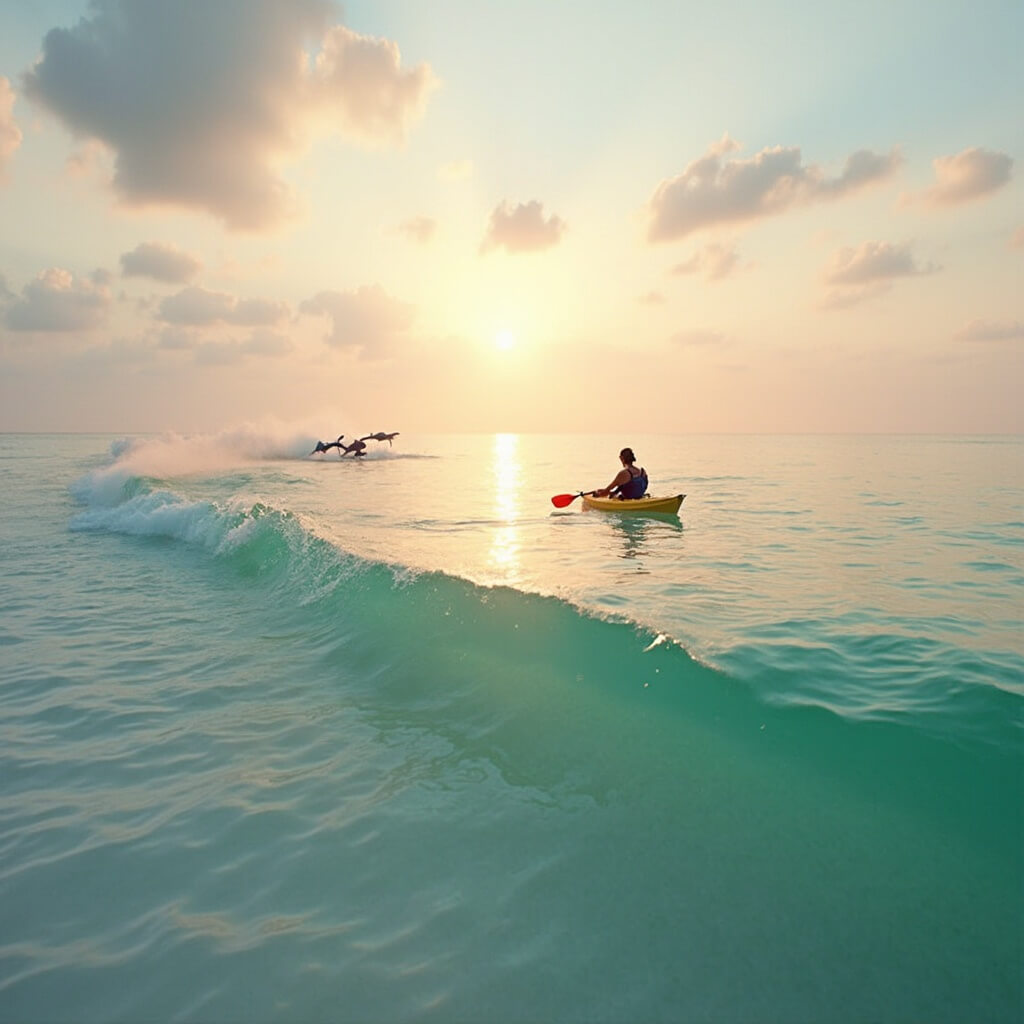 A lone kayaker and leaping dolphins at sunrise on Panama City Beach with misty emerald waters and pastel pink and orange sky