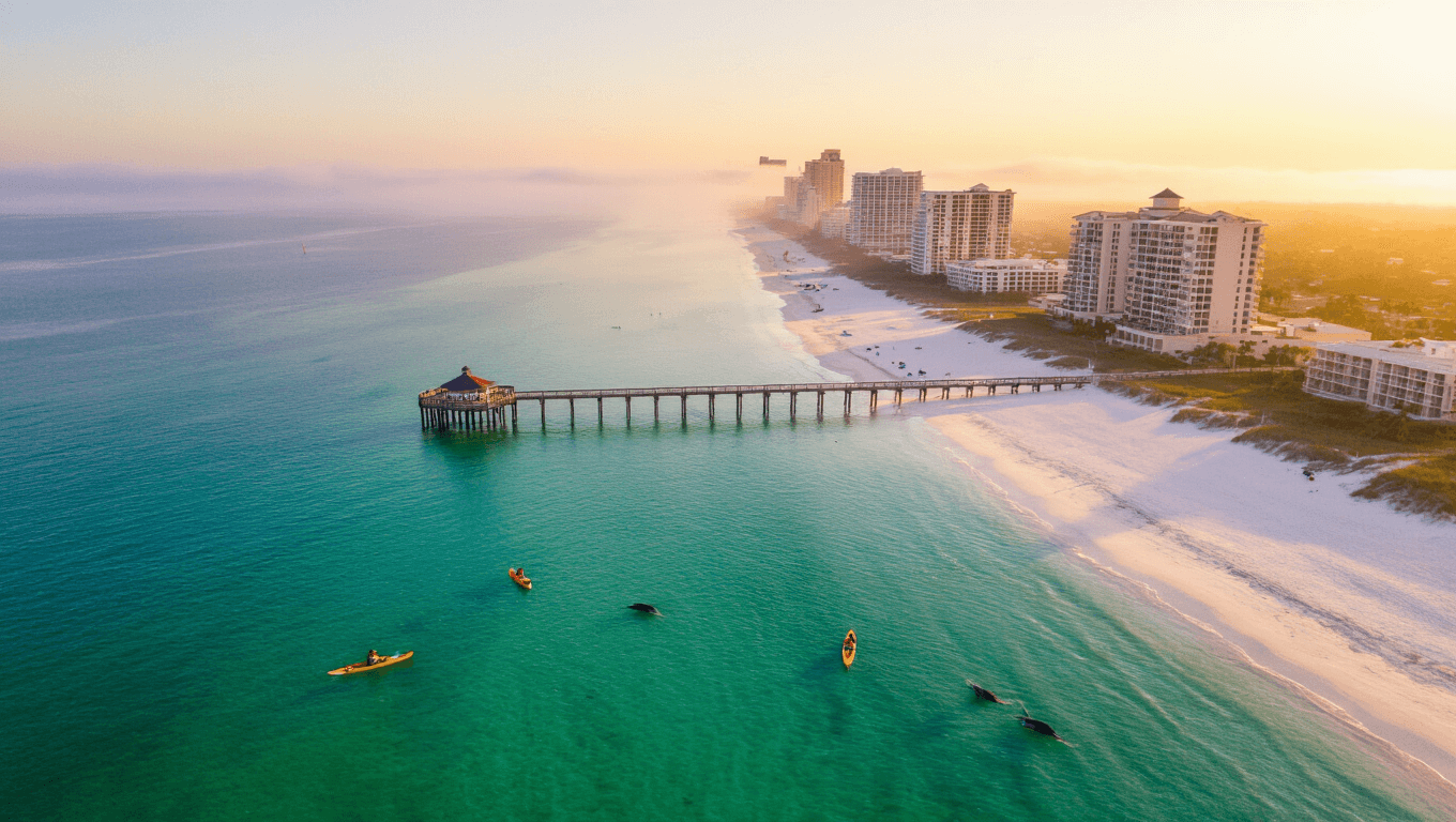 "Aerial view of Panama City Beach coastline at sunrise with emerald waters, white sand beaches, morning mist, kayakers, breaching dolphins, extended pier, and high-rise resorts backdrop in August."