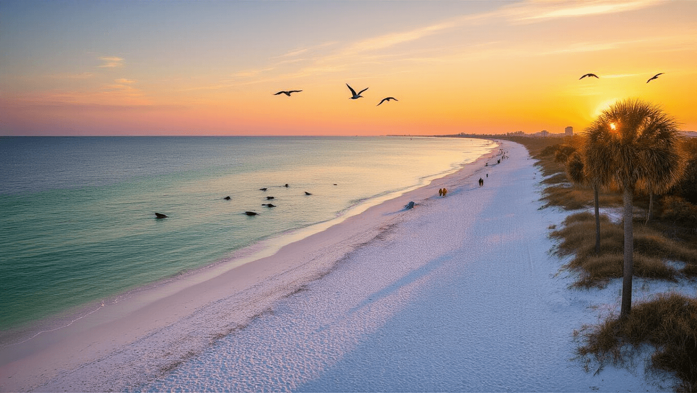 "Panorama of Panama City Beach at sunset in November, showcasing white sand, calm Gulf waters reflecting orange and pink skies, soaring birds, frolicking dolphins, swaying palm trees, and beachgoers in the golden light, with St. Andrews State Park in the background."
