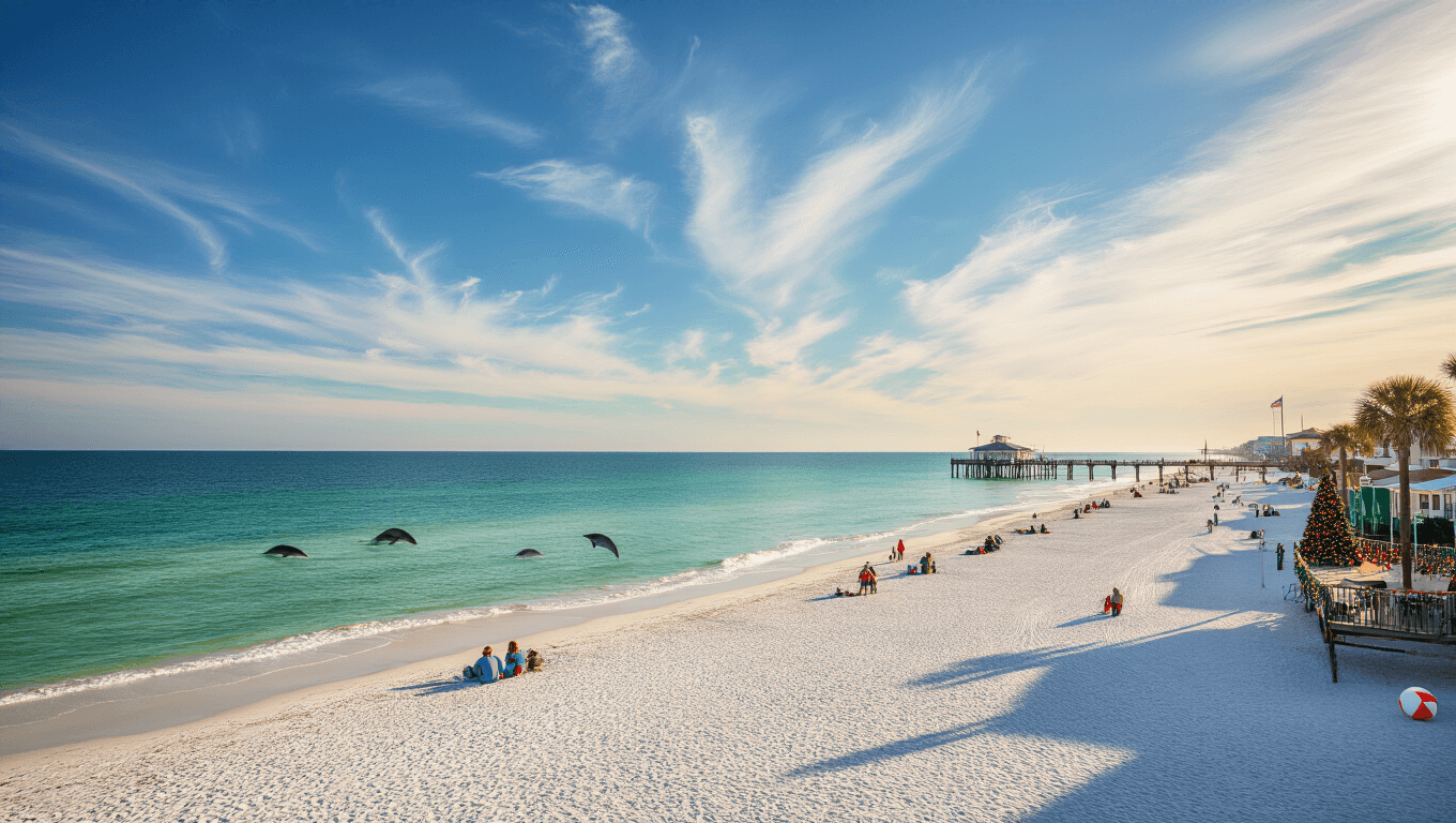 "Panama City Beach in December, featuring serene emerald waters, sparsely populated beach with holiday decorations, Christmas tree on the pier, beach ball decorations and a temperature sign reading '65°F'"