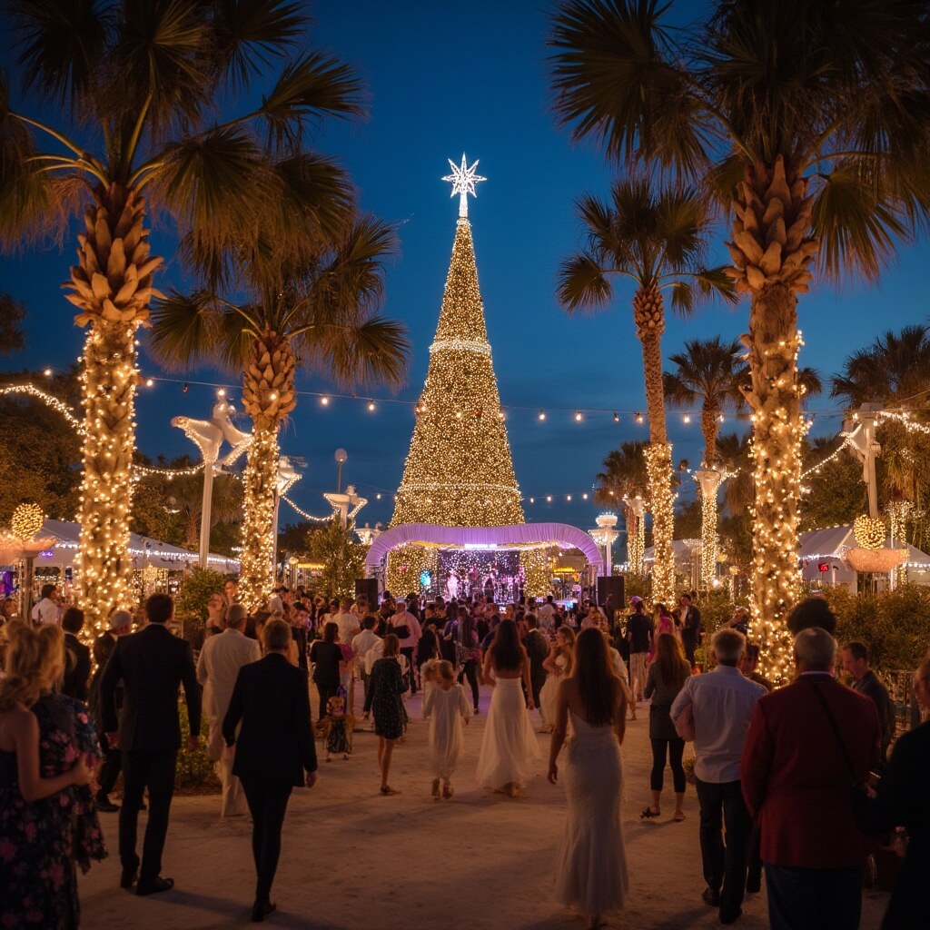 Families and couples at a festive celebration at Aaron Bessant Park, Panama City Beach with twinkling lights on palm trees, live music performance on stage, and a large decorated Christmas tree in the background.