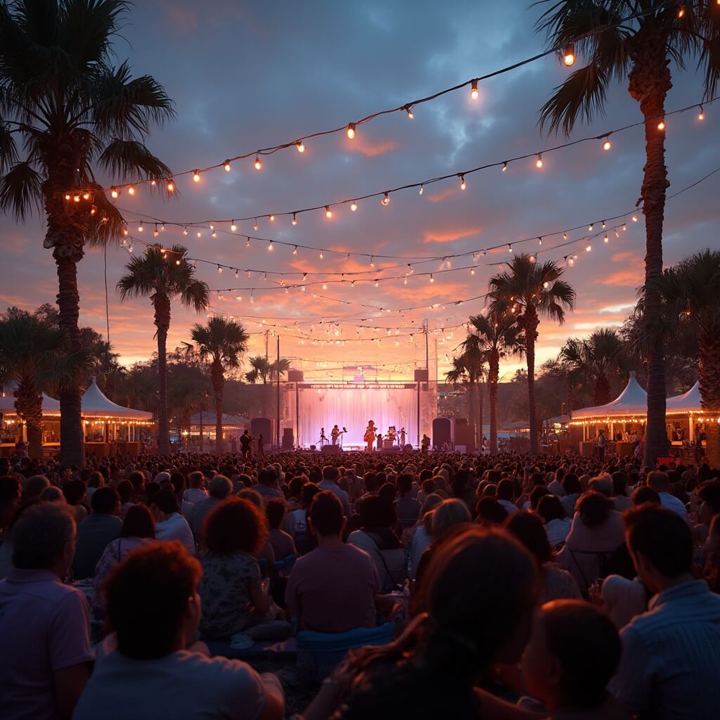 Crowd enjoying a free summer concert at Aaron Bessant Park, Panama City Beach, under a sunset sky with string lights overhead and palm tree silhouettes.