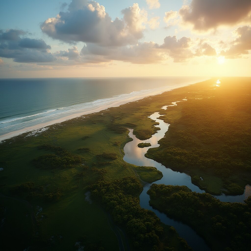 Port St. Lucie: Your Ultimate May Escape (Without the Tourist Trap Madness) Aerial view of Port St. Lucie coastline during golden hour, showing Saint Lucie River, lush landscape, Atlantic Ocean, pristine beaches, and coastal vegetation