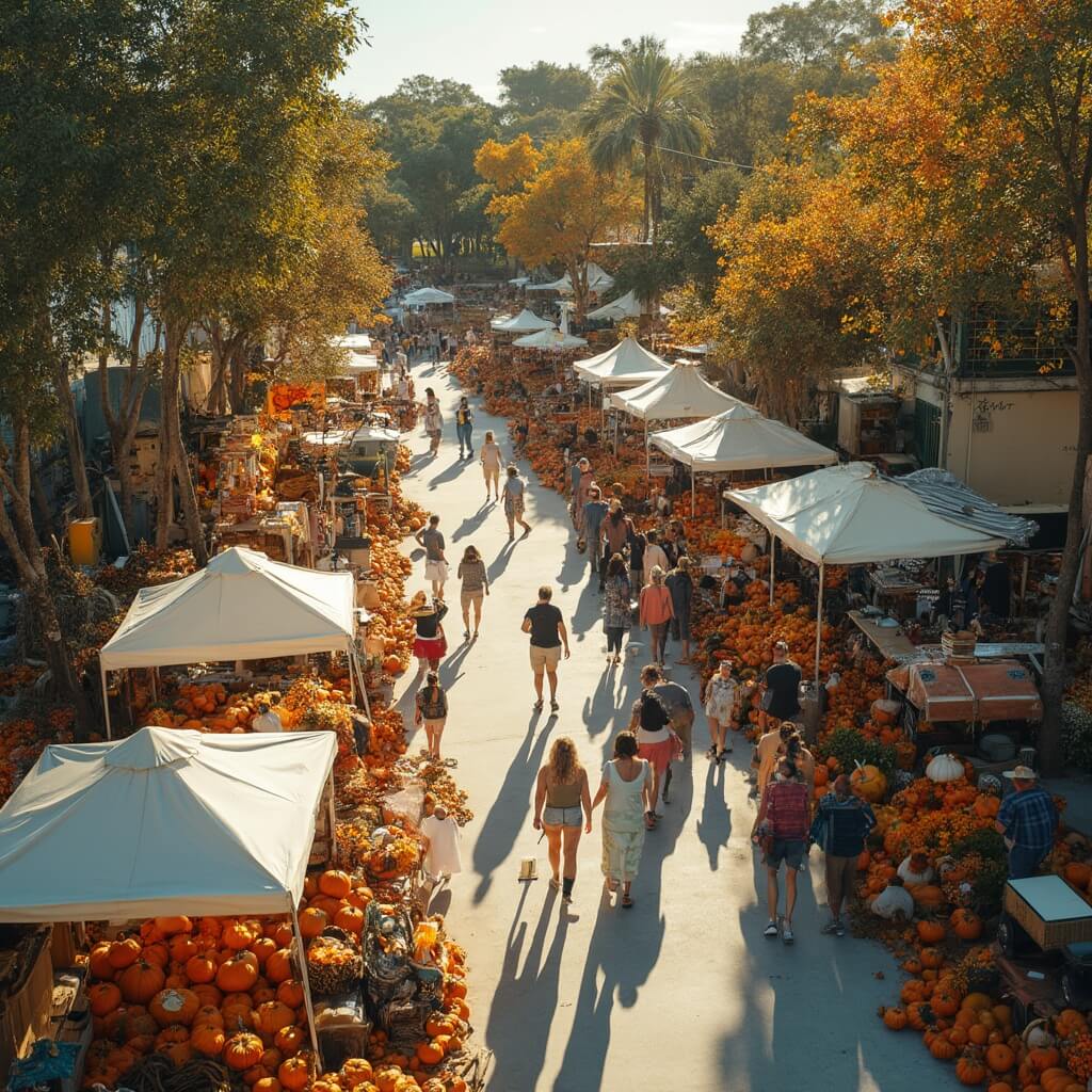 Overhead drone view of autumn festival at Port St. Lucie featuring colorful pumpkin displays, market stalls, and strolling visitors in a lush green setting under bright daylight.