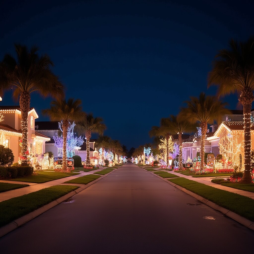 Residential Port St. Lucie neighborhood lit up with festive Christmas lights during a decoration contest on a crisp November evening, with no people present