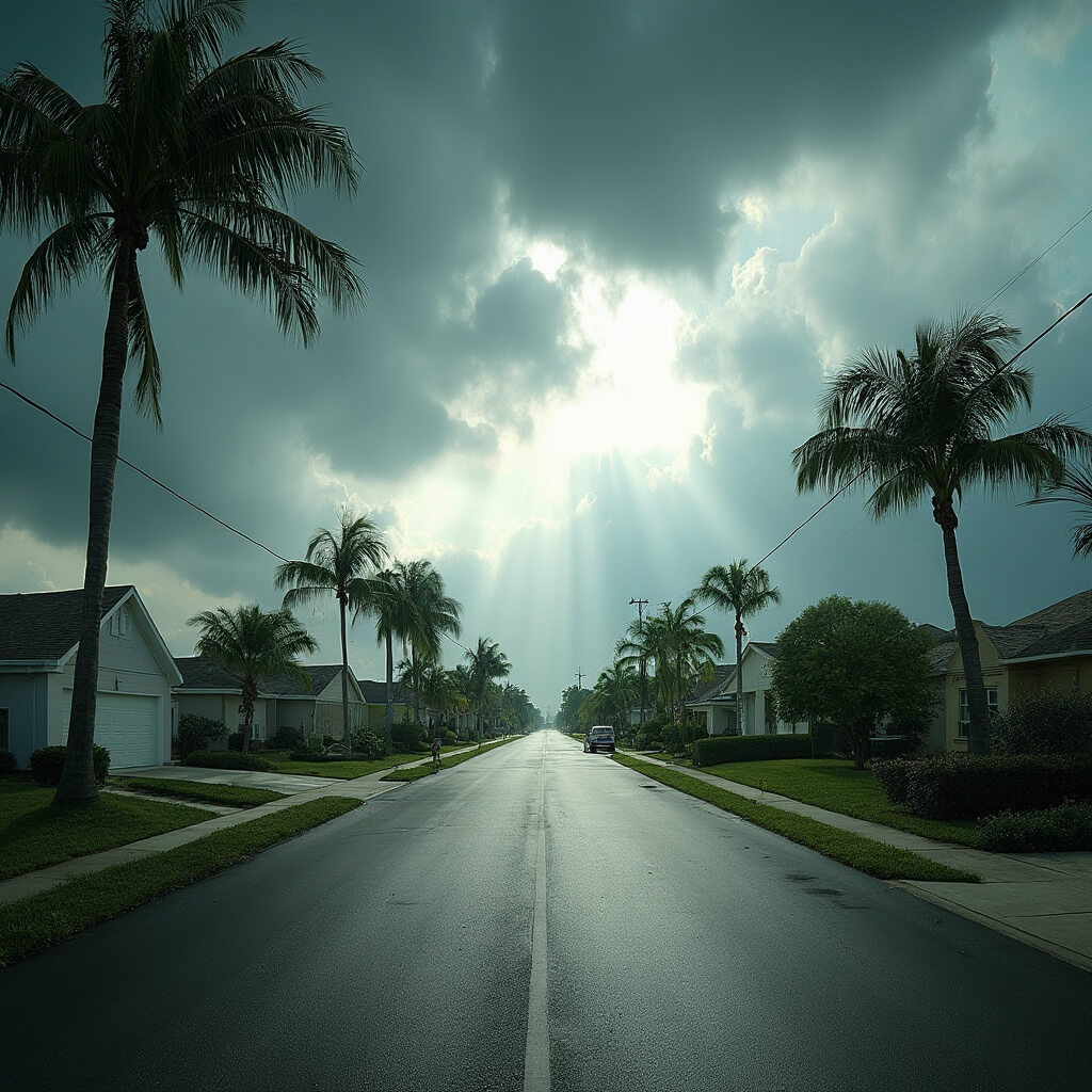Neighbors assisting each other in securing outdoor furniture on a Port St. Lucie residential street as palm trees bend in strong winds during hurricane preparations, with houses featuring hurricane shutters and a dramatic, ominous sky with storm clouds and sunlight breaking through.