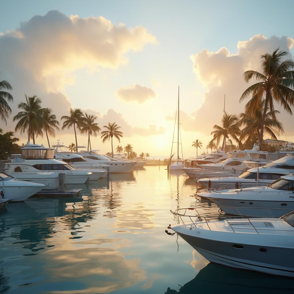 Photorealistic image of a quiet winter morning at Port St. Lucie marina, with golden sunlight highlighting luxury boats and yachts, pastel clouds reflected in calm waters, and palm trees swaying gently.