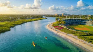 Unlock the Hidden Paradise: Why Port St. Lucie in April Will Blow Your Mind "Aerial view of Port St. Lucie with St. Lucie River, kayakers, botanical gardens, Clover Park baseball stadium, morning light, flying pelicans, shoreline waves, palm trees, preserves, urban development, clear blue skies, and scattered clouds."