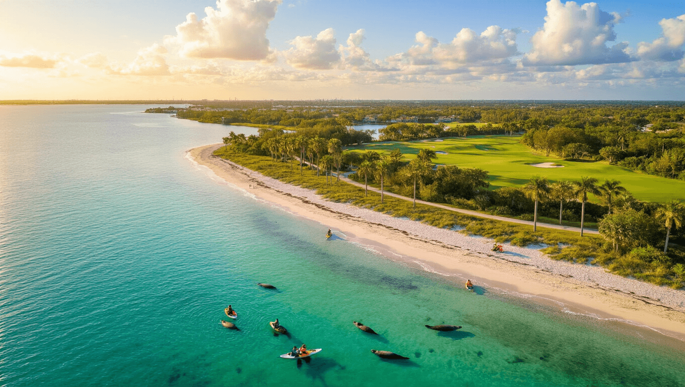 "Aerial view of sunny Port St. Lucie in February, featuring the St. Lucie River, lush landscapes, pristine beach with visible manatees, kayakers, golf course, nature trail, and swaying palm trees under a clear blue sky."