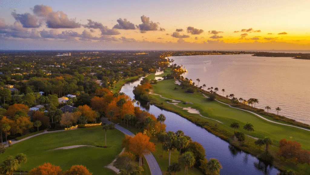 Unlocking Port St. Lucie's November Magic: Your Ultimate Escape Guide "Panoramic aerial view of Port St. Lucie during golden hour, highlighting St. Lucie River, Botanical Gardens, a golf course, maritime hammock forests, and holiday lights decoration."