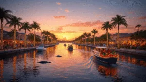 Escape to Paradise: Why Port St. Lucie Becomes Your December Dream Destination "December sunset in Port St. Lucie with a Christmas boat parade, festive shoreline buildings, people strolling the waterfront, and manatees in the water framed by holiday palm trees and citrus trees"
