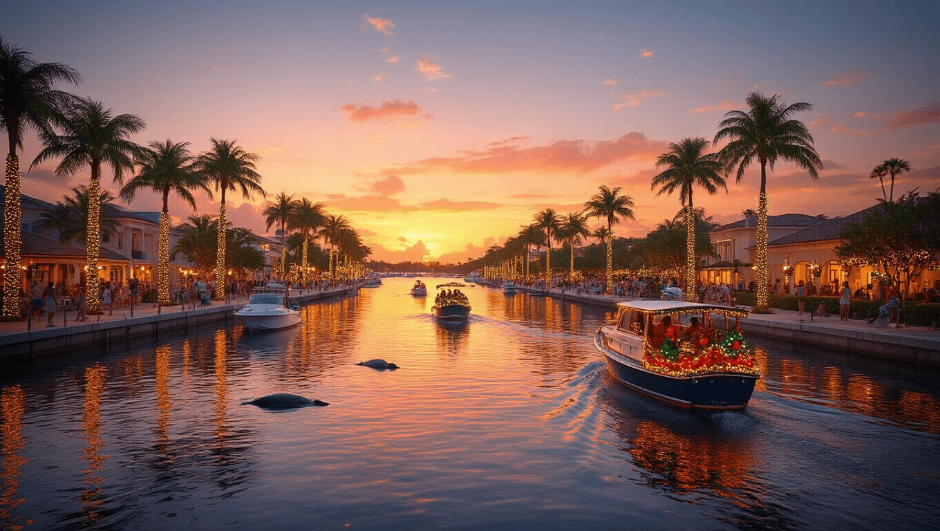 "December sunset in Port St. Lucie with a Christmas boat parade, festive shoreline buildings, people strolling the waterfront, and manatees in the water framed by holiday palm trees and citrus trees"