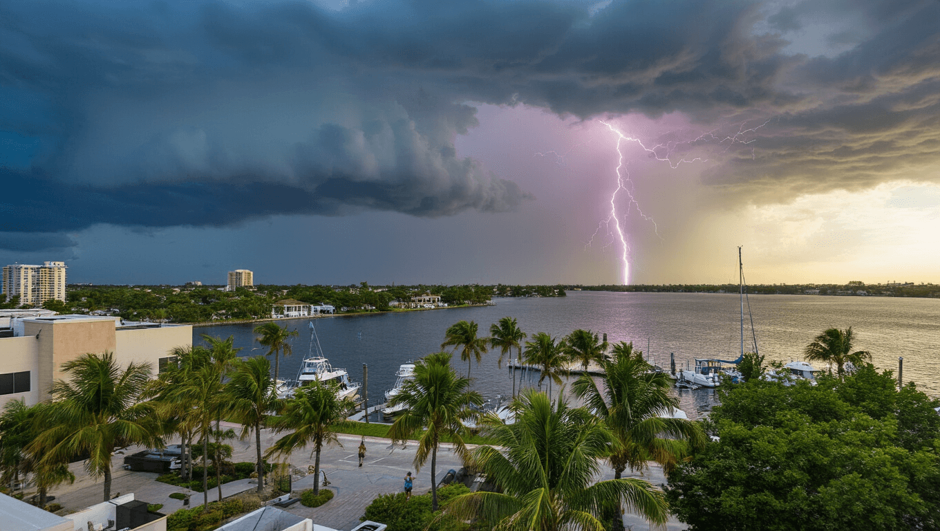 "Storm clouds gathering over Port St. Lucie waterfront with palm trees, modern buildings, boats in marina, and people seeking cover."