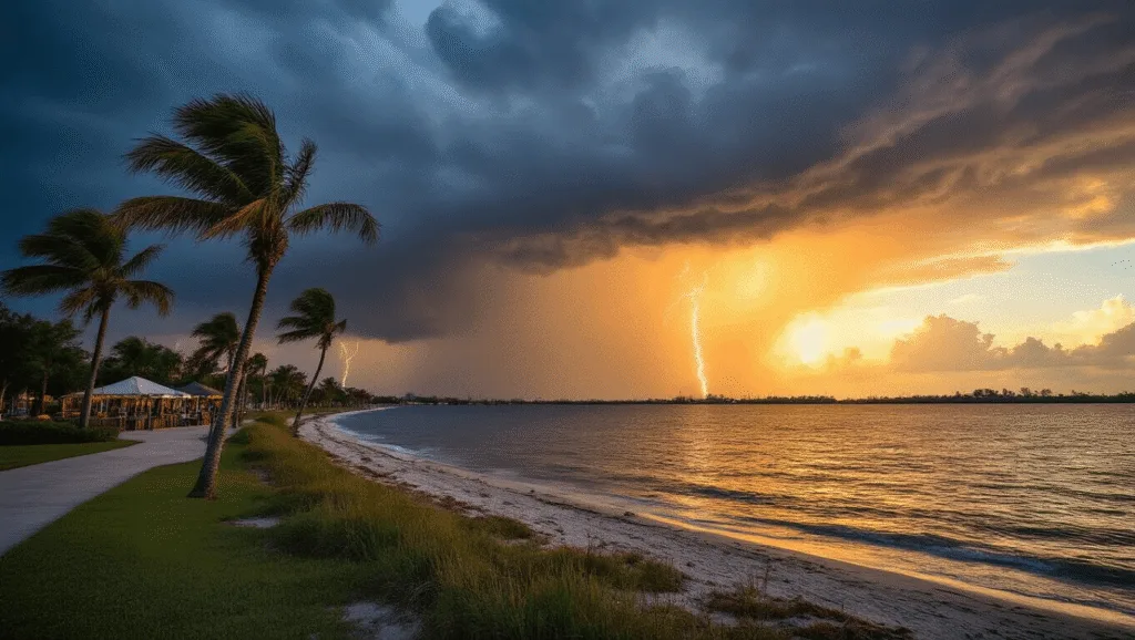 Weather Warning: Port St. Lucie's September Survival Guide - What They Don't Want You to Know! "Dramatic September weather in Port St. Lucie with storm clouds on one side, golden sunlight on the other, palm trees in the foreground, lightning in the distance, and the MIDFLORIDA Event Center partially visible beneath approaching rain sheets."