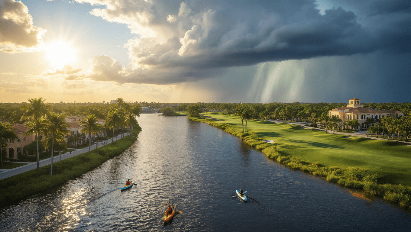 "Aerial view of Port St. Lucie displaying a contrast of sunny landscape and approaching storm, with kayakers on St. Lucie River and view of PGA Village golf courses"