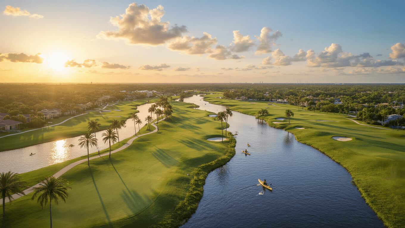 "Aerial view of Port St. Lucie at sunset, showcasing the St. Lucie River, golf courses, spring training fields, beaches, and natural preserves, with people enjoying outdoor activities under a clear blue sky with scattered clouds"