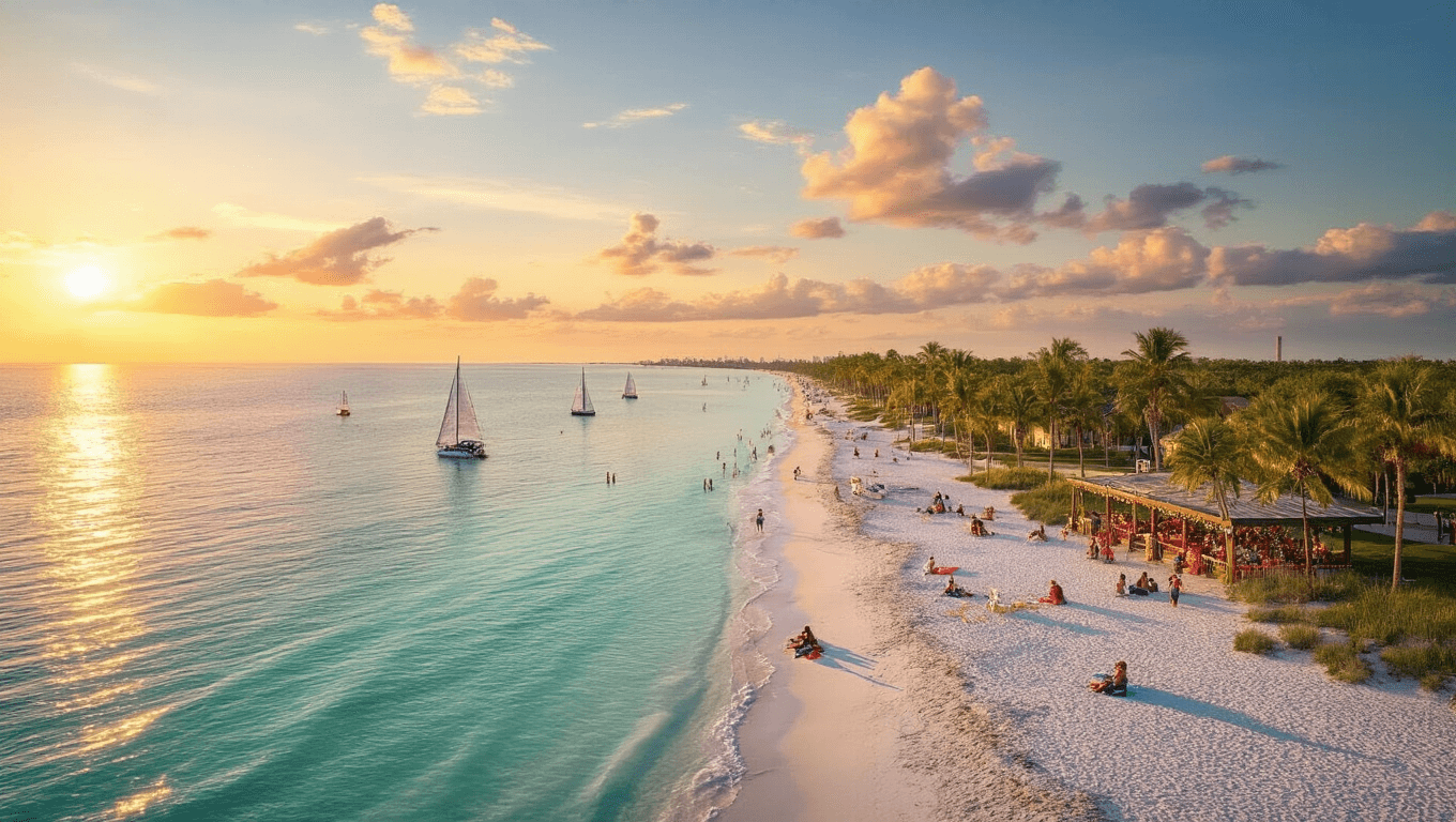 "Aerial view of Port St. Lucie beach during sunset, featuring turquoise waters, white sand, palm trees, beach activities, Botanical Gardens with fall festival decorations, orange and pink hued sky, sailboats on the horizon, and beachside pavilions with Oktoberfest banners."