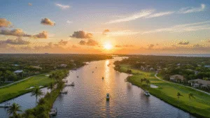 Port St. Lucie: Your Ultimate May Escape (Without the Tourist Trap Madness) "Aerial view of Port St. Lucie at sunset, featuring Saint Lucie River, Atlantic Ocean, PGA Village golf courses, Savannas Preserve State Park, and dotted boats, under a sky of oranges and pinks."
