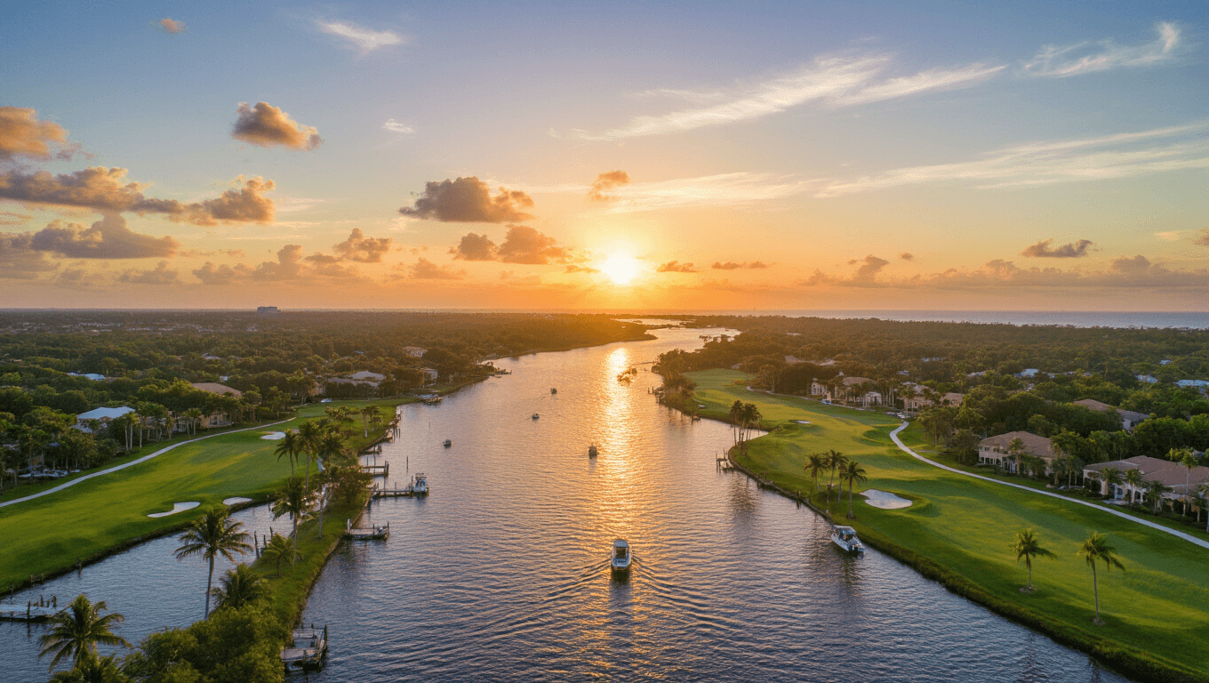 "Aerial view of Port St. Lucie at sunset, featuring Saint Lucie River, Atlantic Ocean, PGA Village golf courses, Savannas Preserve State Park, and dotted boats, under a sky of oranges and pinks."