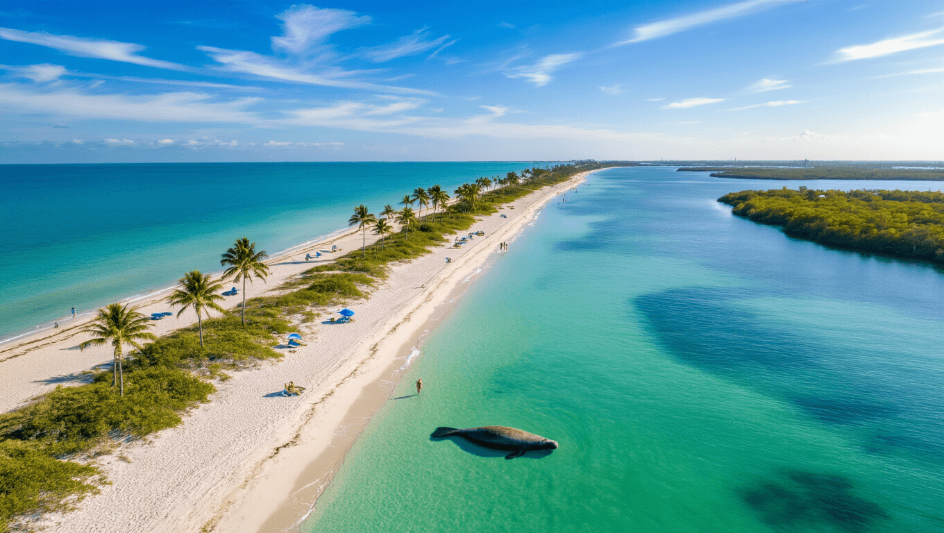 "Aerial view of Port St. Lucie's coastline with a manatee near the shore, palm trees, and beachgoers under umbrellas in sunny 72-degree weather."
