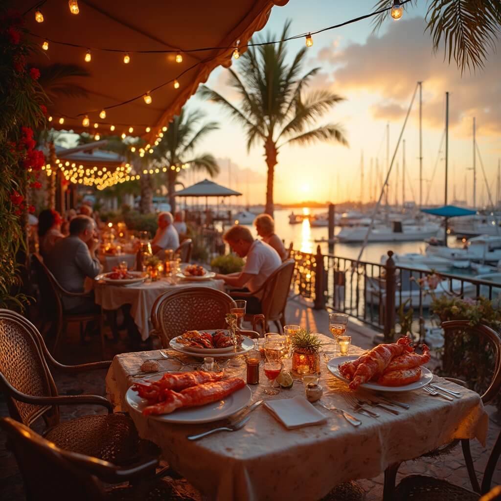 Diners enjoying fresh seafood at a vibrant waterfront restaurant during sunset in Port St. Lucie, with view of marina, boats, and palm trees