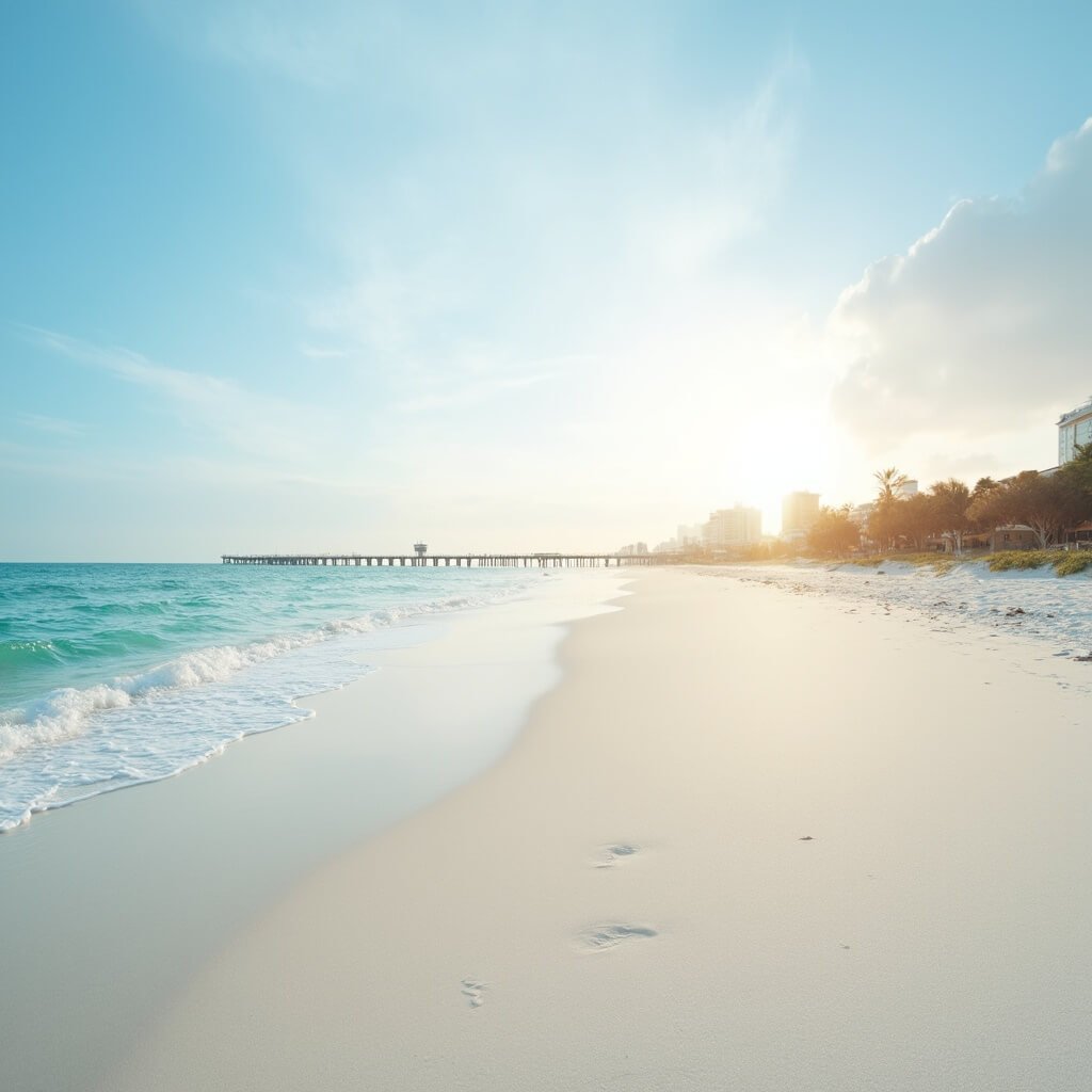 Panoramic landscape of pristine white sandy beach and turquoise waters, Pier 60 in the distant background, under early morning sunlight